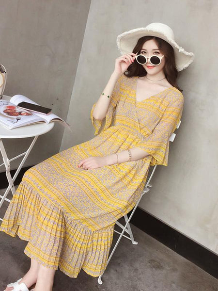 Fashion Floral-Printed Flared Sleeve V-neck Falbala Hemline Maxi Dress