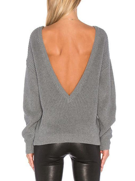 Knitting Backless Round-neck Long Sleeves Sweater Tops