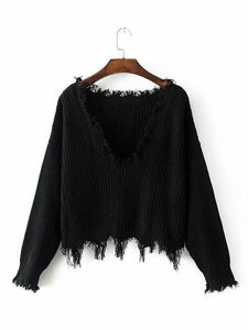 Knitting V-neck Cropped Tasselled Sweater Tops