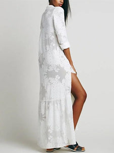 White Split-side Lapel Collar Maxi Dress