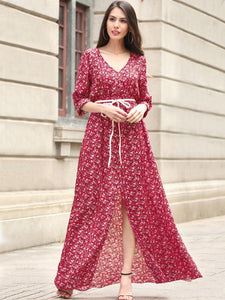 Bohemia Chiffon Floral-printed V-neck Maxi Dress