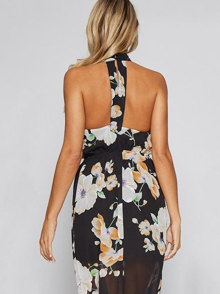 Floral Halterneck Split-front Backless Bohemia Maxi Dress