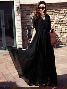 Chiffon Solid Color V-neck Flared Sleeves Maxi Dress