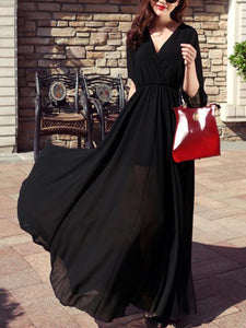 Chiffon Solid Color V-neck Flared Sleeves Maxi Dress