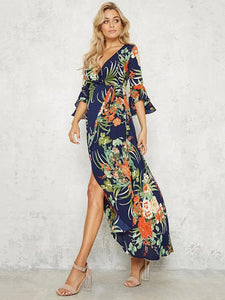 Floral Split-front Flared Sleeves V-neck Bohemia Maxi Dress