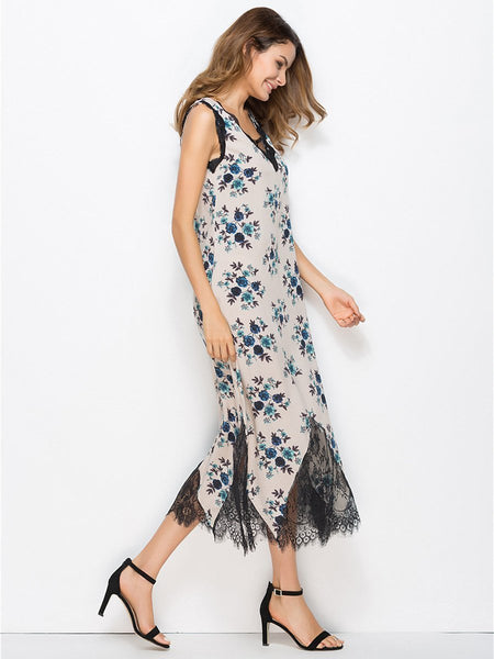 Floral Lace Split-joint V-neck Sleeveless Bohemia Midi Dress