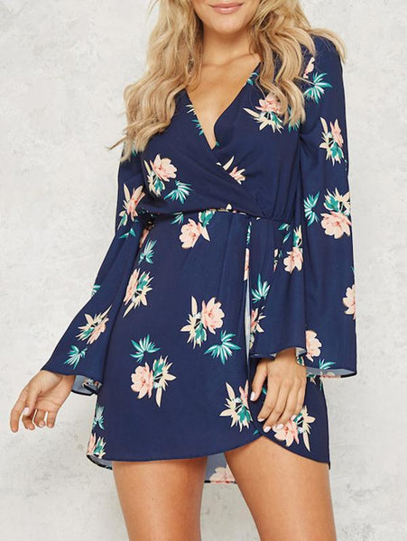 Floral Print V-neck Split Sleeves Mini Dress