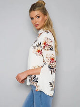 Load image into Gallery viewer, White Floral Print V-neck Blouse&amp;shirt Tops