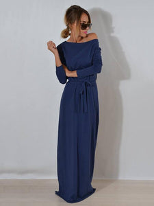 Solid Color Belted Long Sleeves Maxi Dress