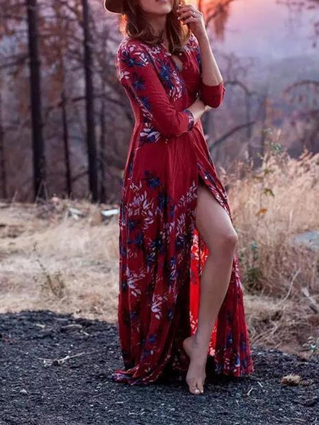 Autumn Floral 3/4 Sleeve V-neck Split-front Bohemia Maxi Dress