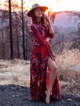 Load image into Gallery viewer, Autumn Floral 3/4 Sleeve V-neck Split-front Bohemia Maxi Dress