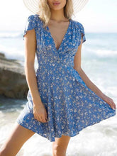 Load image into Gallery viewer, Blue Floral V-neck A-line Bohemia Mini Dress
