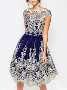 Elegant Lace Cap Sleeve Midi Dress Evening Dress