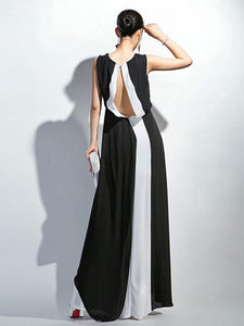 Fashion White&Black V-Neck Sleeveless Maxi Dress Evening Dress