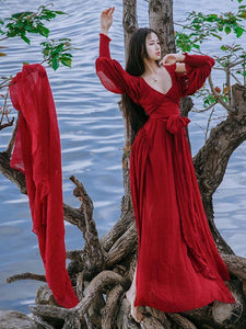 Red Cotton Blends V-neck Maxi Dress