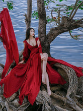 Load image into Gallery viewer, Red Cotton Blends V-neck Maxi Dress