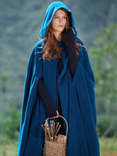 Load image into Gallery viewer, Blue Hooded Cloak Trench Cape Outwear