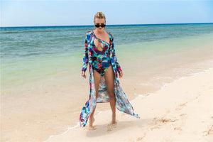 2018 Summer Printed Long Sleeve Cover Up One Shoulder Swimsuit Two Pieces Set
