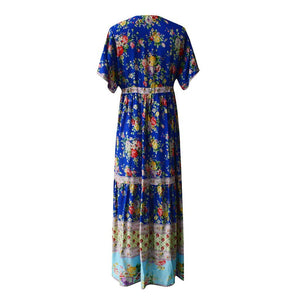 Bohemian Printed Waist V-Collar Chiffon Beach Ladies Loose Long Dresses