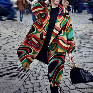 Women Fashion Lapel Printing Long Winter Wool Blend Coat Plus Size Long Sleeve Coat and Jacket Elegant Vintage Outerwear