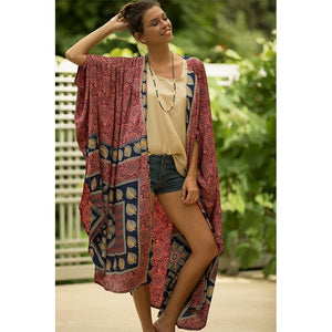 2021 Brown Retro Printed Batwing Sleeve Front Open Kimono Plus Size Women Clothing Casual Long Tops and Blouses Shirts Q1217