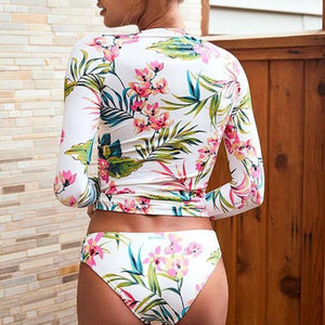 2021 Long Sleeve Swimsuit Floral Print Bikini Bathing Suit Women Biquini High Neck Two Two-Piece Suits Swimwear Femlae Bikinis