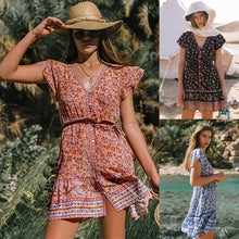 Load image into Gallery viewer, Spring and Summer New Beach Dress Printed Single-row V Collar Short-sleeved Bohemian Dress