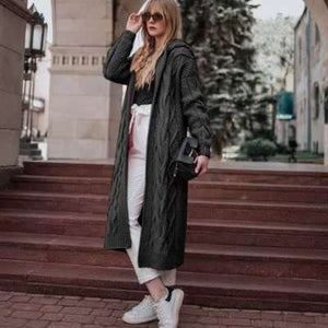 Autumn/winter Solid-colored Hooded Long Cardigan Sweater Hemp Sweater