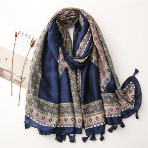 Women's New Diamond Checkered Artistic Style Square Printed Cotton Linen Soft Long Scarves with Sun Shading Shawl