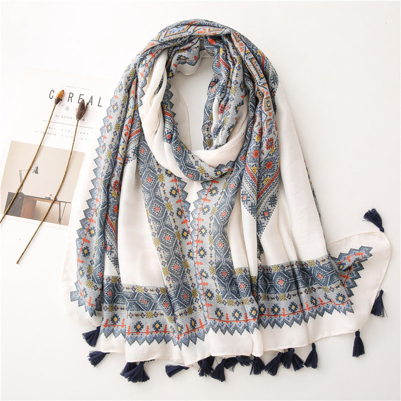 Women's New Diamond Checkered Artistic Style Square Printed Cotton Linen Soft Long Scarves with Sun Shading Shawl