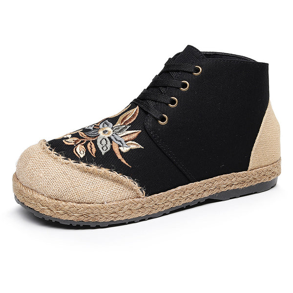 New national style women's shoes, front lace up, middle upper, casual women's short boots, thick bottomed round head embroidered shoes