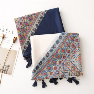 Women's New Diamond Checkered Artistic Style Square Printed Cotton Linen Soft Long Scarves with Sun Shading Shawl