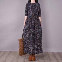 Load image into Gallery viewer, Retro disc button small broken flower casual lace up thin medium and long sleeve big swing dress for women