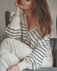 Black and White Striped T-shirt Button Round Neck Bubble Sleeve Top Women's Loose Long Sleeve Sweater