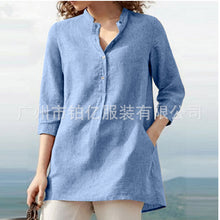 Load image into Gallery viewer, Women&#39;s wear solid color seven point sleeve stand collar cotton hemp casual pullover shirt