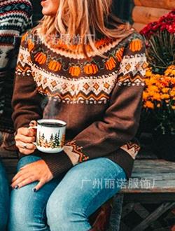 Printed  Tight Knit Holiday Pullover Brown Crew Neck Knitted Sweater