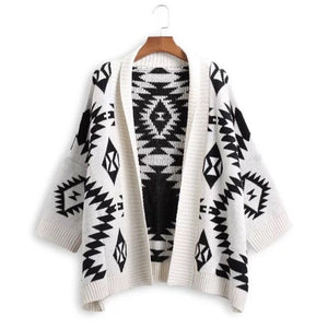 Medium Length Diamond Jacquard Cardigan Sweater Coat