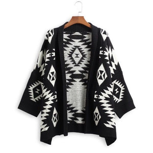 Medium Length Diamond Jacquard Cardigan Sweater Coat