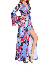 Load image into Gallery viewer, Flower V Neck Long Sleeve Split Maxi Dress