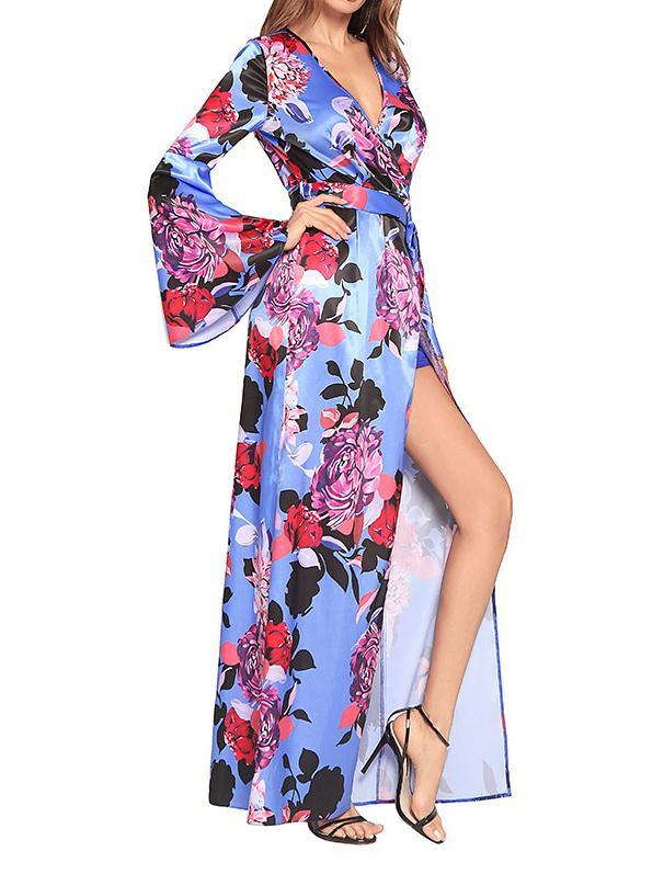 Flower V Neck Long Sleeve Split Maxi Dress