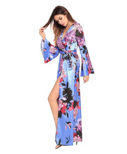 Load image into Gallery viewer, Flower V Neck Long Sleeve Split Maxi Dress