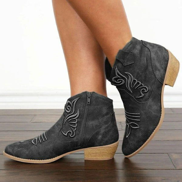 Women's Round Head Embroidery National Women's Leather Boots Sleeve Fashion Boots Knight Boots Middle Heel Boots