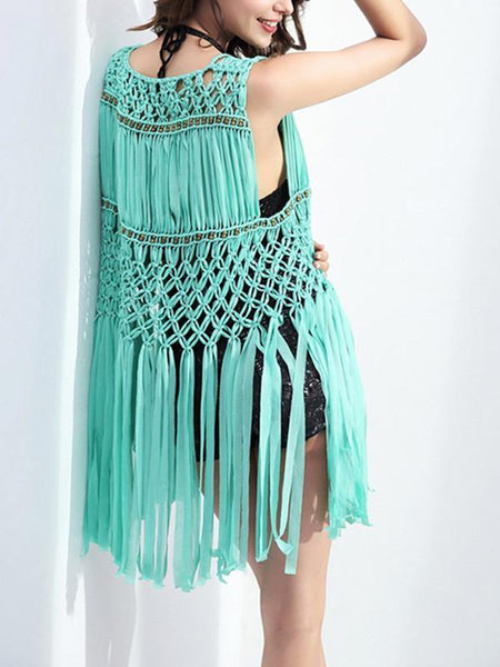 Elegant Wave Net Sleeveless with Tassels Cover-Up Tops