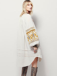 National Style Inwrought Floral-Print Deep V Neck Loose Bohemia Dress