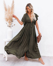 Load image into Gallery viewer, Drawstring Long Skirt Sunscreen Shirt Beach Blouse V-Neck Dress