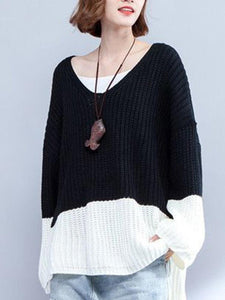 Casual V-Neck Stitching Color Sweaters For Women