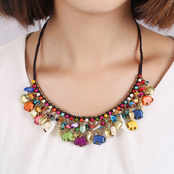 Boho style semi-precious stone necklace Thai wax thread braided clavicle chain women