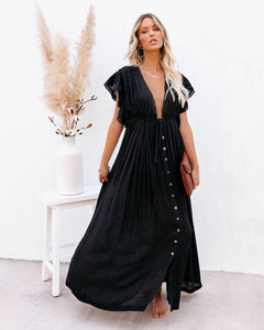 Drawstring Long Skirt Sunscreen Shirt Beach Blouse V-Neck Dress