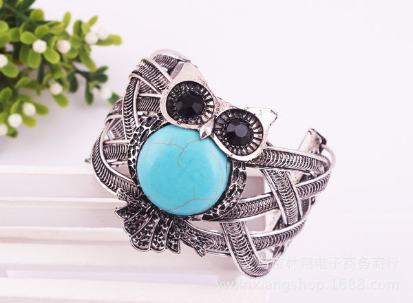 Bohemian Vintage Turquoise Silver Color Bracelet Owl Open Cuff Bracelets Jewelry