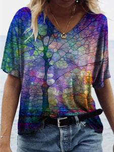 V-neck Abstract Painting Printed Short-sleeved T-shirt Female